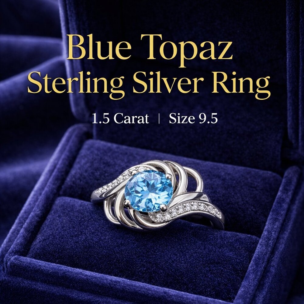 Blue Topaz Ring | 1.5 Carat Round Cut | Sterling Silver Ring | Size 9.5 |